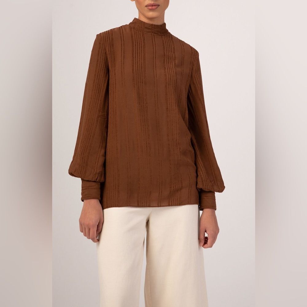VEILED New York Textured Rayon Balloon Sleeve Blouse - Brown Cocoa